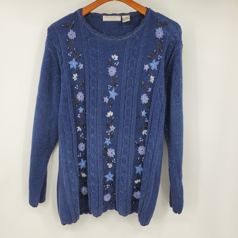 Vintage Carolyn Taylor Y2K Embroidered Floral Cable Knit Chenille Sweater Medium